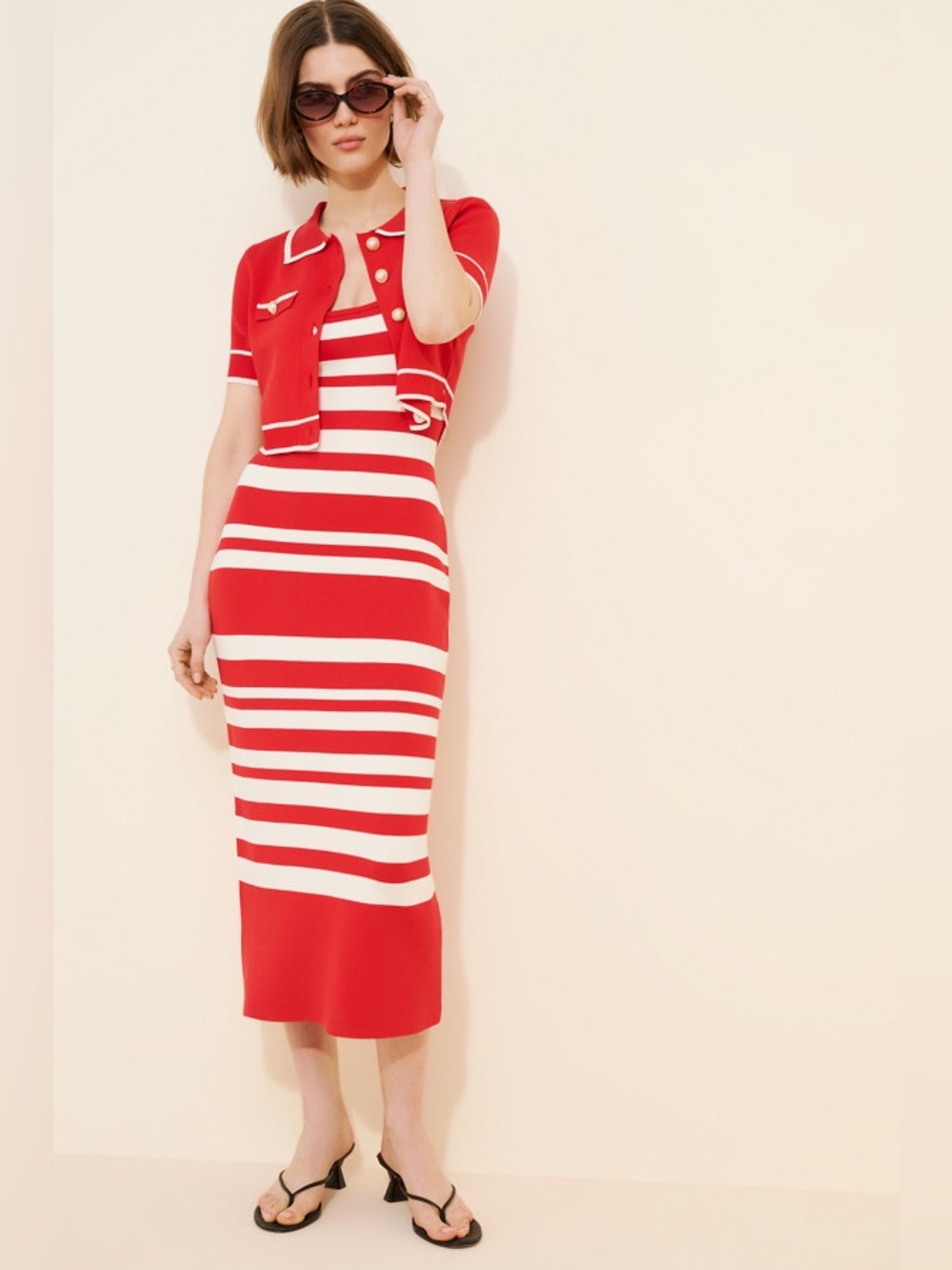 Maeve Red and White Striped Midi Dress with Matching Cropped Cardigan
